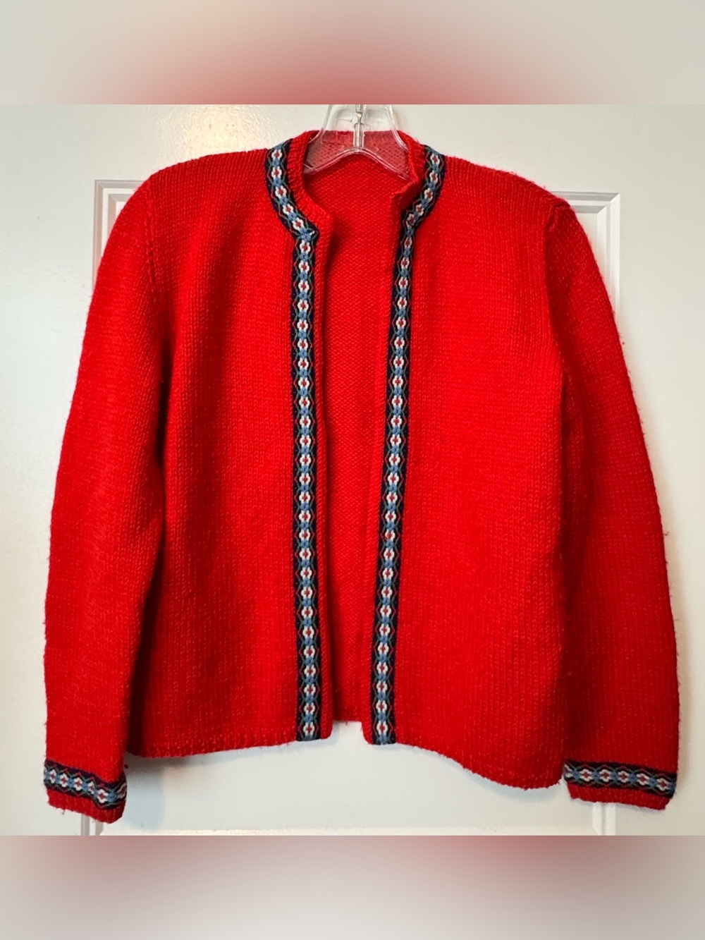 Vintage Scandinavian Nordic Knit Cardigan Sweater Red Open Front S/M